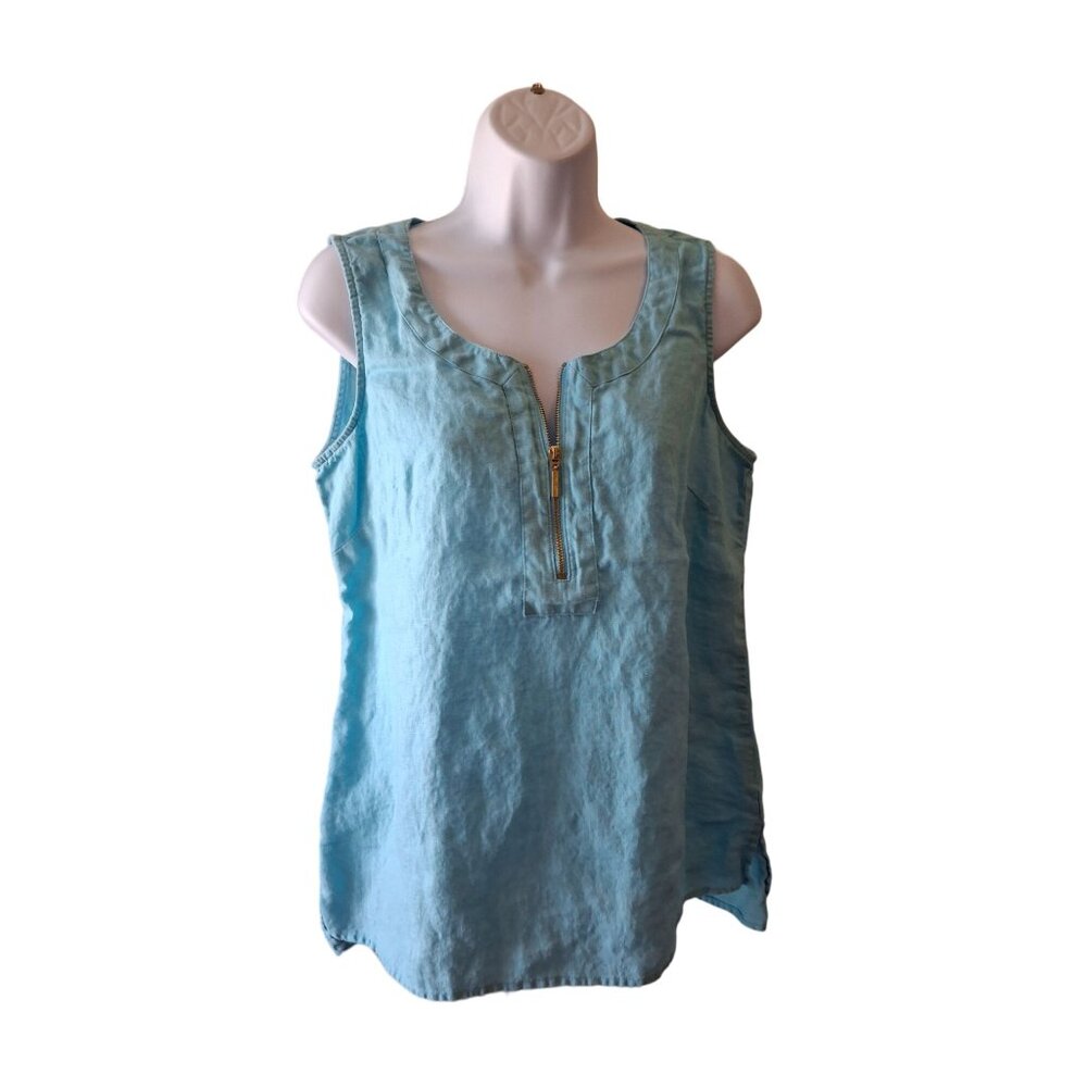 Ellen Tracy Womens Linen Top M Aqua Blue Sleeveless Gold Zip Y2K Lagenlook